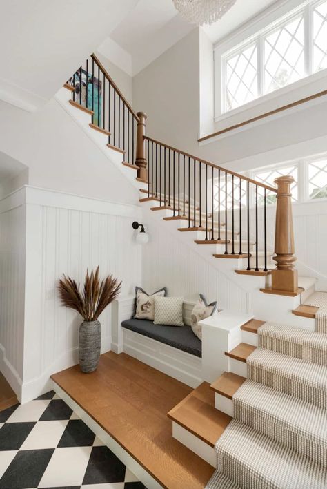 Tour this timeless waterfront home nestled on beautiful Lake Minnetonka Hallway With Stairs, Duplex Condo, Stairs Entrance, Farmhouse Stairs, Style Me Pretty Living, Lake Minnetonka, Stair Railing Design, Lakefront Homes, Hygge Home