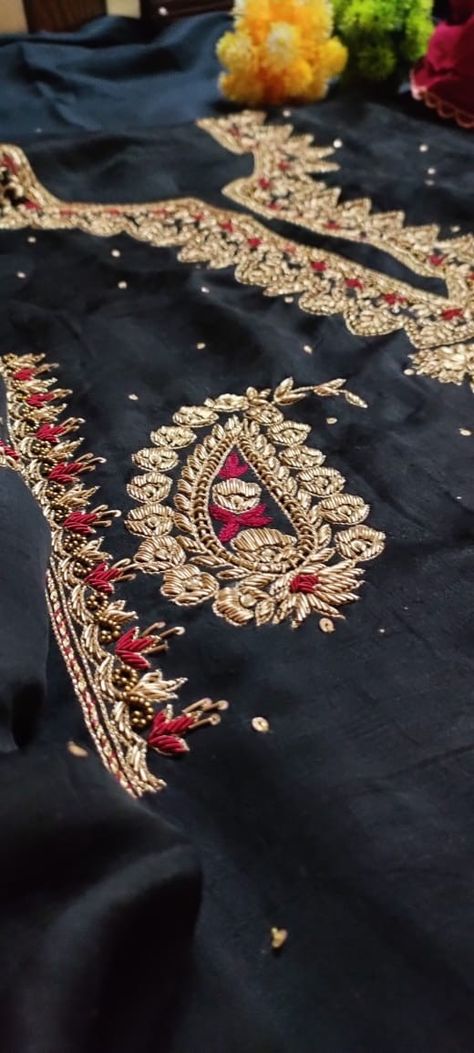 Visit profile to know more Dabka Work Embroidery, Fancy Dress Material, Black Velvet Suit, Velvet Suit Design, Dabka Work, Zardosi Embroidery, Zardozi Embroidery, Designer Punjabi Suits, Hand Beaded Embroidery