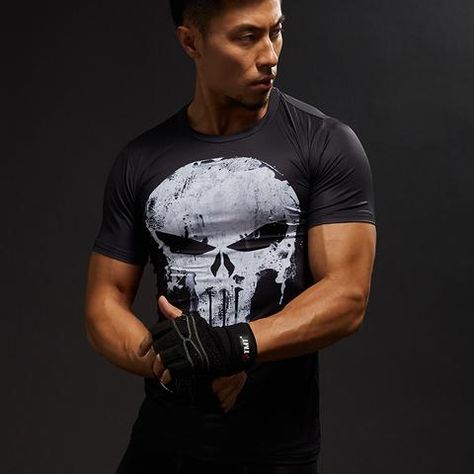 Flexibility Fitness, Punisher T Shirt, Compression Shirt Men, Funny Cosplay, The Punisher, Fitness Bodybuilding, Compression Shirt, Compression Shorts, Golf Fashion