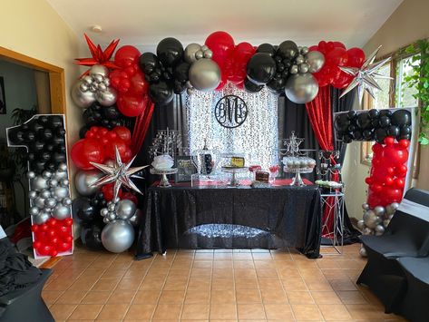 Red Black And Silver Balloon Garland, Black Silver Red Party Decor, Rockstar Balloon Garland, Red And Black Party Ideas For Men, Red And Black Themed Birthday Party, Red Black And Silver Party Decoration, Black And Red Birthday Party Decorations, Black And Silver Balloon Garland, Red And Black Birthday Theme