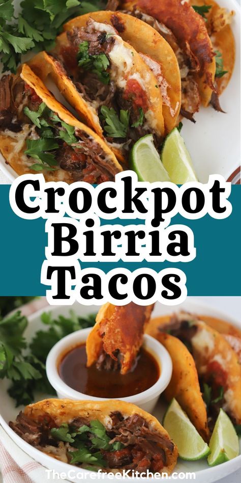 This easy birria tacos recipe lets you make rich, savory beef in the slow cooker. You'll dip corn tortillas into the flavorful chipotle braising liquid, stuff them with tender shredded beef and cheese, then pan-fry them. Top these cheesy quesabirria tacos with fresh pico de gallo, cilantro, and a squeeze of lime. Bonus: use the braising liquid as a tasty dipping sauce. You'll quickly see why these birria tacos have taken the internet by storm. Street Tacos Birria, Birria Tacos Using Enchilada Sauce, Quesebirra Tacos, Birria Tacos In Crockpot, Barrio Tacos Recipe Crockpot, Birria Quesadillas Tacos, Slow Cook Birria Tacos, Crockpot Recipes Birria, Crockpot Birria Tacos Recipe