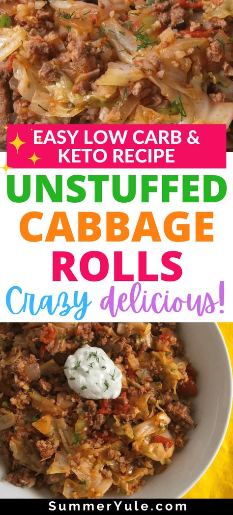 How do you make unrolled cabbage rolls? It’s easy! Try my low carb and keto unstuffed cabbage rolls recipe for an easy weeknight meal. This is the perfect recipe for when you want all of the flavors of a cabbage roll without all of the work! Make this one pot cabbage roll casserole with cauliflower rice for a keto diet meal. You’ll love this hearty and satisfying comfort food. #healthyrecipes #keto #lowcarb #glutenfree #cauliflowerrice #cabbagerolls #weightloss #lowcalorie Country Cabbage Rolls, How To Use Up Cabbage, Keto Cabbage Rolls Recipe, Low Carb Cabbage Rolls, Low Carb Cabbage Recipes, Cabbage Rolls Recipe Easy, Cabbage Keto Recipes, Unrolled Cabbage Rolls, Keto Cabbage Casserole