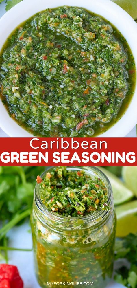 Green Seasoning is a delicious herb blend that is used for marinating meats, fish, or stirred into stews and is used widely among the Caribbean islands. Caribbean Seasoning Recipe, Carribean Fish Marinade, Fish Recipes Caribbean, St Lucian Food Recipe, Green Seasoning Trinidad, Jamaica Green Seasoning, Caribbean Spice Blend, Trinidad Green Seasoning, Caribbean Keto Recipes