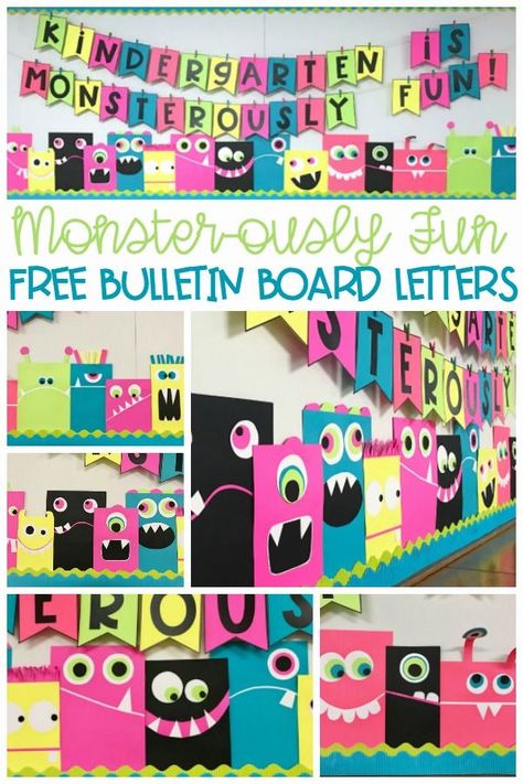 Whether you use it for Halloween or just some Back To School Fun, this Monster-ously easy bulletin board idea is a great way for teachers to greet pre-k, kindergarten or 1st grade students. This post will include DIY instructions for creating these cute, bright-colored monsters and supply you with a free downloadable template for the bulletin board letters. There is even a generic, "School is . . ." version. Brighten up your wall, your hall or you classroom! Classroom Monster Theme, Monster Theme Bulletin Board Ideas, Monster Themed Bulletin Boards, Monsters Bulletin Board Ideas, Monster Classroom Theme Ideas, Monster Door Decorations Classroom, Monster Bulletin Board Ideas, Monsters Inc Decorations Classroom, 1st Grade Bulletin Board Ideas