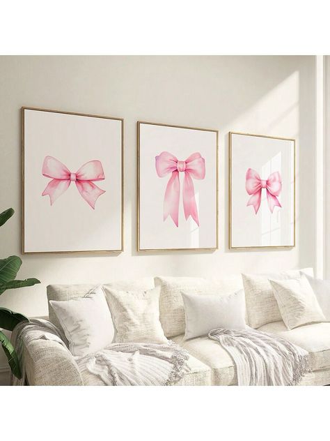 Set Of 3 Preppy Wall Art Canvas Paintings, Pink Bow Print,Preppy Poster,College Apartment Teen Room Decor ,Unframed 15.7x23.6 InchI discovered amazing products on SHEIN.com, come check them out! Pink Bow Room Aesthetic, Pink Bow Room Decor, Bow Canvas Painting, Pink Bow Bedroom, Bow Wall Art, Bow Room Decor, Tiktok Aesthetics, Uni House, Wall Art Teen