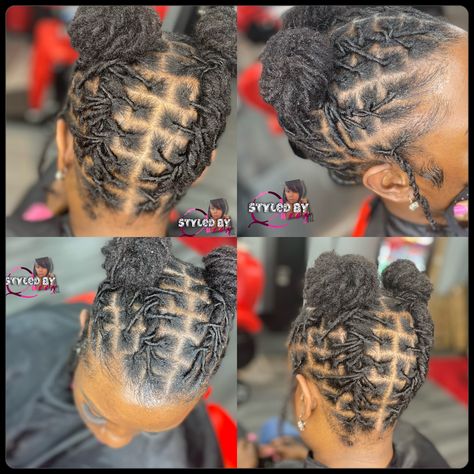 Two barrels going into two buns. #locstyles #locstylesforwomen #dreadstyles #hairbunstyle #locjourney Barrel Updo Locs, 2 Buns With Locs, Two Bun Loc Style, Loc Space Buns Styles Updo, Two Loc Buns Styles Updo, Loc Styles Two Buns, Two Loc Buns, Small Dreadlocks Styles, Short Loc Styles For Women Updo Bun