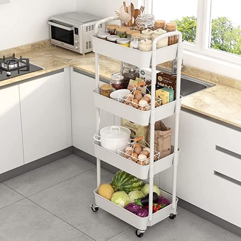 Sywhitta 4-Tier Plastic Rolling Utility Cart with Handle, Multi-Functional Storage Trolley for Office, Living Room, Kitchen, Movable Storage Organizer with Wheels, White. Amazon product/associate Snack Carts, Rack In Kitchen, Trolley Kitchen, Freestanding Bathroom Shelves, Organiser Cucina, Storage Unit Organization, Movable Storage, Mobile Shelving, Rolling Utility Cart