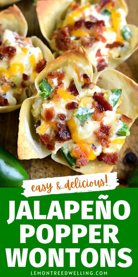 App With Cream Cheese, Jalapeno Wonton Wrapper Recipes, Wonton Jalapeño Poppers, Wanton Cups Appetizers, Wonton Finger Foods, Blt Wonton Cups, Duck Bacon Wontons Recipe, Savory Wonton Recipes, Jalapeño Popper Wantons