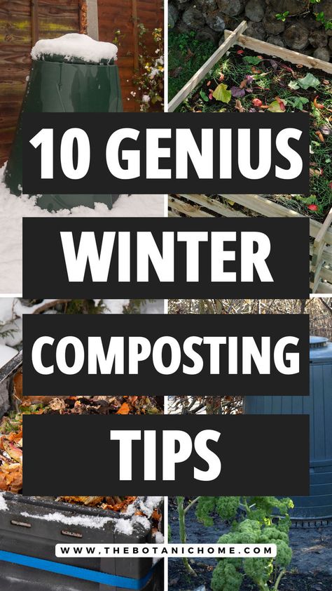 A cold winter scene featuring a compost tumbler and a compost bucket, showcasing winter composting techniques for beginners. Easy Compost Bin, Composter Diy, Compost Bin Ideas, Garden Compost Bin, Diy Compost Tumbler, Compost Diy, Easy Composting, Compost Starter, Outdoor Compost Bin