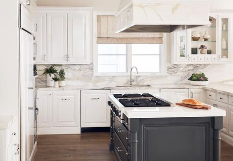 Kitchen Island Finishes, Kitchen Island With Stove, White Wood Paneling, Top Kitchen Cabinets, White Shaker Kitchen Cabinets, White Shaker Kitchen, Black Kitchen Island, Vintage Stoves, White Shaker Cabinets