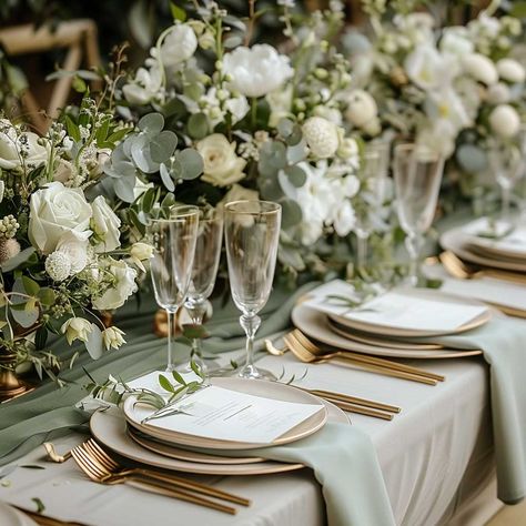 How to Create a Stunning Sage Green Wedding Theme • 333+ Art Images Sage Green And Gold Tablescape, Wedding Olive Green Theme, Sage Table Runner Round Table, Sage Green And White Wedding Reception, Sage Napkins Place Settings, White Gold And Sage Green Wedding, Sage Green White And Gold Wedding Theme, Olive Green Wedding Table Setting, Sage Green And Cream Wedding Theme