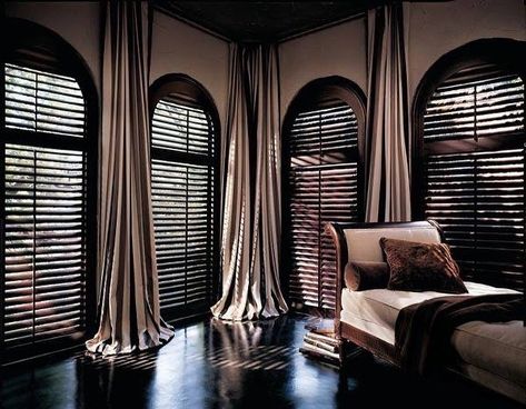 Dark & Moody living room Curtains For Arched Windows, Arched Window Treatments, Living Room Blinds, Bedroom Blinds, Shutter Blinds, Interior Shutters, Transitional Bedroom, House Blinds, Wood Shutters