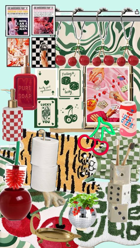 Dream cherry themed bathroom in a vegas bathroom Vegas Bathroom, Playful Bathroom, Retro Aesthetic Room, Bathroom Vibes, Funky Bathroom, Girls Apartment, Green Room Decor, Girly Bathroom, Dream House Aesthetic