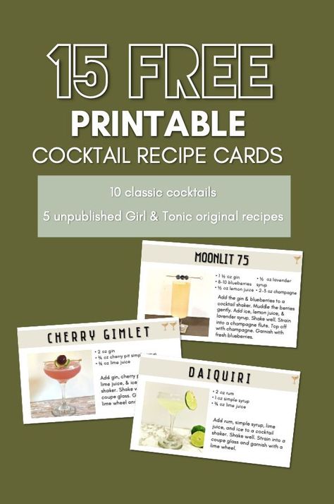 Get a free PDF of 15 printable cocktail recipe cards. The set includes 10 classic cocktail recipes and 5 Girl & Tonic original recipes that have never been published. Print out on card stock or glue onto a 3x5 index card for added stability. classic cocktail recipes how to make | cocktail recipe cards printable free | easy cocktail recipes for beginners | easy cocktails to make at home Girls Night Drinks Cocktails, Cocktail Recipe Cards, Cocktails For Beginners, Drinks Alcohol Recipes Easy, Cocktails To Make At Home, Easy Cocktail Recipes, Easy Alcoholic Drinks, Recipe Cards Printable Free, Gin Recipes