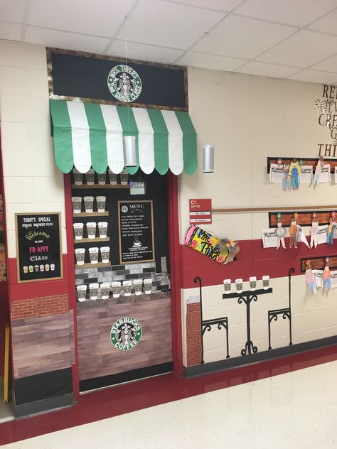 Starbucks school door ideas Coffee Door Decorations Classroom, Starbuck Mode Classroom, Starbucks Christmas Door Decoration, Coffee Door Decorations For School, Bookstore Classroom Theme, Star Books Cafe Classroom, Starbucks Classroom Door, Starbucks Bulletin Board Ideas, Classroom Cafe Theme