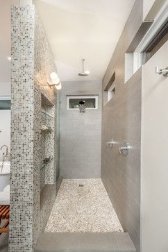 4x6 Walk In Shower Ideas, Doorless Shower Design, Glass Showers, Showers Without Doors, Tile Showers, Doorless Shower, Gray Tile, Large Shelf, Shower Tiles