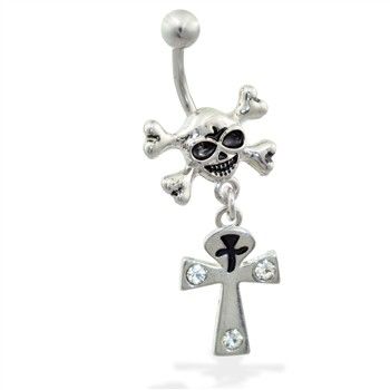 Skull Belly Ring With Dangling Ankh Belly Ring Jewelry, Pixel Tattoo, Belly Piercings, Belly Button Piercing Jewelry, Belly Piercing Jewelry, Piercing Inspo, Belly Piercing Ring, Retro Typewriter, Button Piercing