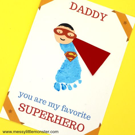 Superhero dad footprint card. A handmade first fathers day card from a baby or toddler Father's Day Cards Handmade, Father's Day Card Template, Baby Fathers Day Gift, Fathers Day Art, Papa Baby, Superhero Gifts, Baby Art Projects, Father's Day Cards, Diy Father's Day Gifts