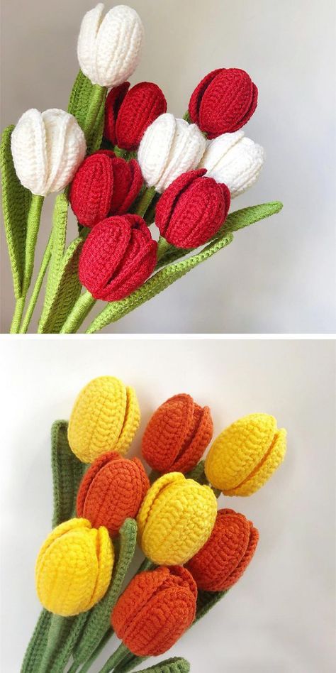 Stunning Crochet Flowers Free Patterns – 1001 Patterns Easy Crochet Flowers For Beginners Free, Crochet Spring Flowers Free Pattern, Crochet Flower Stem Pattern Free, Free Crochet Patterns Plants, Crochet Flowers Free Pattern Bouquet, Crochet Tulips Pattern Free, Crochet Flower Bouquet Free Pattern, Crocheted Tulips, Knitted Flowers Free