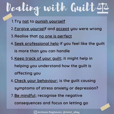 Archana | Clinical psychology on Instagram: “Today’s post is about working through guilt. In no way is guilt an easy feeling to carry. Guilt is the emotion we feel if we let…” Coping With Guilt, How To Deal With Guilt And Regret, How To Deal With Guilt, Toxic Guilt, Overcoming Guilt, Guilt Quotes, Processing Emotions, Dealing With Guilt, Survivor Guilt