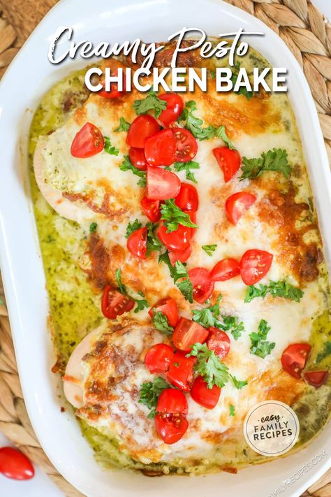 SAVE THIS RECIPE! This is our favorite easy chicken dinner! Chicken with Pesto Cream Sauce takes less than 30 minutes to make and kids and adults both love it! It uses chicken breast and makes a super easy cream sauce using pesto to give it an extra boost of flavor. This easy family dinner is delicious enough to serve to company and simple enough to make on a busy weeknight. This easy chicken dinner with cheese and pesto is a winner! Chicken With Pesto Recipes, Pesto Cream Cheese Chicken, Chicken Recopes, Baked Chicken Pesto, Pesto Chicken Recipes, Chicken Pesto Bake, Easy Cream Sauce, Cheesy Pesto Chicken, Pesto Chicken Bake