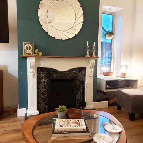 Chimney Breast Colour Ideas, Green Chimney Breast Wall, Green Chimney Breast, Painted Chimney Breast, Statement Walls Living Room, Green Chimney, Feature Chimney Breast, Cream Fireplace, Green Fireplace