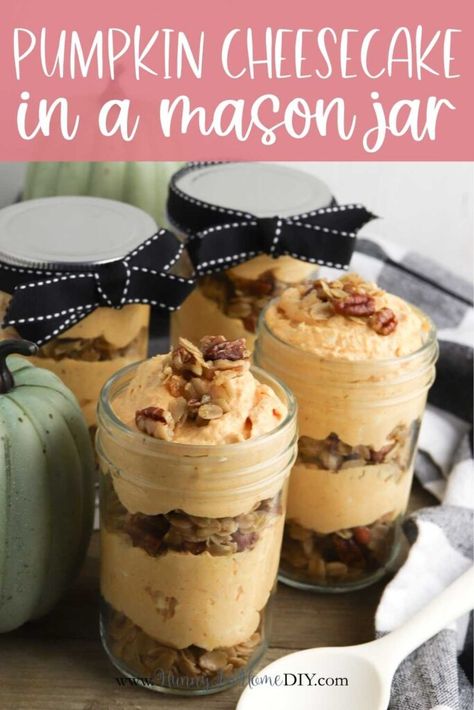 Gluten Free No Bake Pumpkin Cheesecake in a Jar Fall Desserts Gluten Free, Gluten Free No Bake, Gluten Free Thanksgiving Recipes, Pumpkin Spice Granola, Pumpkin Spice Cheesecake, No Bake Pumpkin, Mason Jar Desserts, Cheesecake Parfaits, Bake Pumpkin