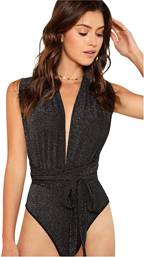 Amazon.com: Verdusa Women's Sleeveless Sexy Deep V Neck Cross Back Bodysuit Black M : Clothing, Shoes & Jewelry Bodysuit Skirt Outfit, Green Bodysuit, Bodysuit Tops, Ruffle Bodysuit, Long Torso, Sleeveless Bodysuit, Skirt Outfit, Womens Bodysuit, Pullover Shirt