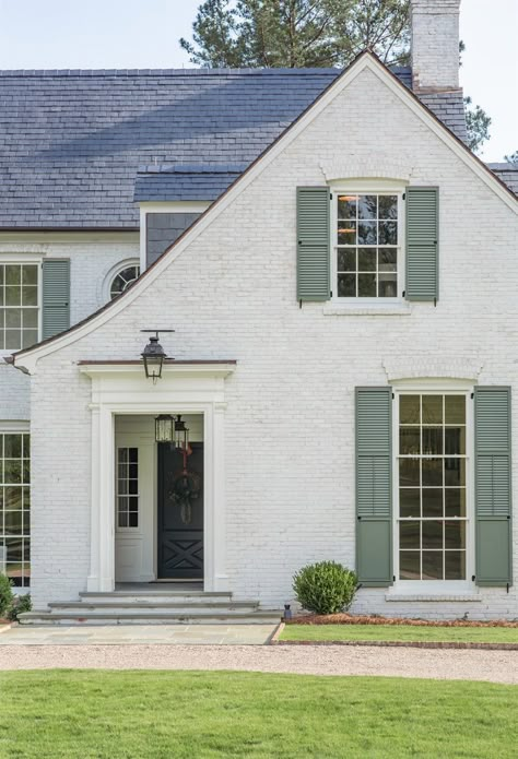 House With Painted Brick, Brick Limewash, Romabio Limewash, White Brick House, Lime Wash Brick, Painted Brick Exteriors, Green Shutters, Painted Brick House, Photography Location