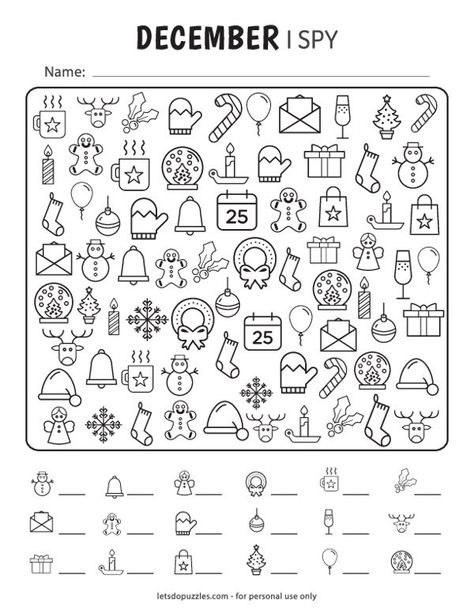 Free Printable I Spy December Winter I Spy Free Printable, I Spy Christmas Printables For Kids Free, I Spy Winter Free Printable, I Spy Christmas Printable, I Spy Christmas, Spy Names, Mazes For Kids Printable, Cognitive Activities, Indoor Activities For Toddlers