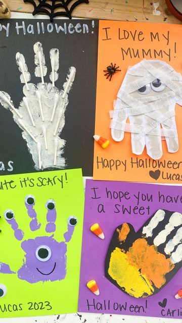 Handprint Craft Halloween, Spooky Handprint Art, Toddler Arts And Crafts Halloween, October Process Art Preschool, Halloween Themed Crafts For Kids, Fall Crafts For Kids Handprints, Friday The 13th Crafts For Toddlers, Kids Inside Activities, Halloween Crafts Daycare