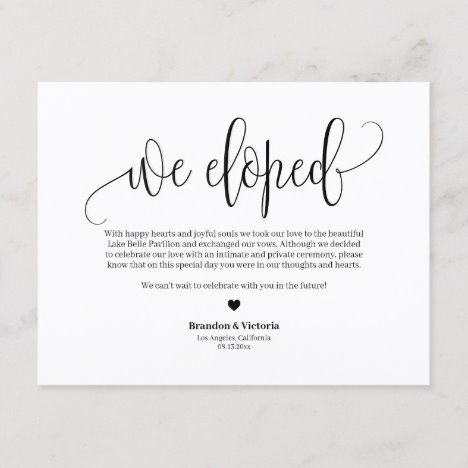 We Eloped | Black Pretty Script Elopement Announcement Postcard We Eloped, Engaged Af, Typography Script, Postcard Wedding Invitation, Elopement Reception, Marriage Announcement, Elopement Announcement, Surprise Wedding, Typography Love