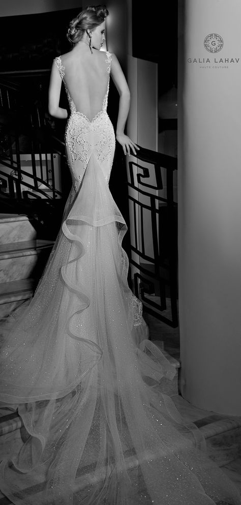 Galia Lahav Haute Coutre - Isadora is a classic mermaid dress with a geometric graphic spiral embroidery. Cleavage detailed with a sheer fabric. The bottom of the skirt has a silk tulle ruffle and a dramatic sparkled tulle train trim with cirn dentelle. Galia Lahav Wedding Dress, The Jazz Age, Galia Lahav, 2015 Wedding Dresses, Dress Mermaid, Dress 2015, Silk Tulle, Jazz Age, Mermaid Dress