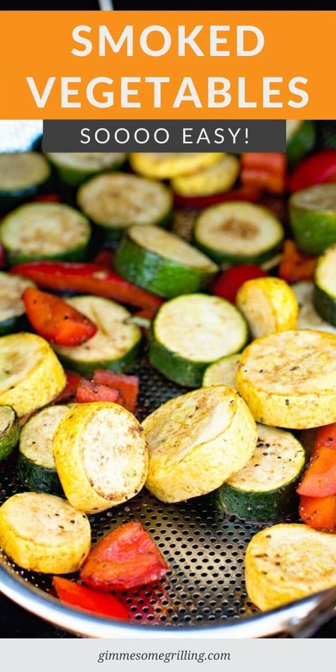 A blend of vegetables with balsamic and seasonings that are smoked on your Traeger. You can use almost any vegetables plus add potatoes, sweet potatoes or slices of sausage to make it a meal on your smoker! #smoked #vegetables Smoked Veggies, Smoker Grill Recipes, Summer Dinner Recipes Grill, Pellet Smoker Recipes, Smoked Vegetables, Veggie Kabobs, Vegetable Kabobs, Smoker Cooking, Pellet Grill Recipes