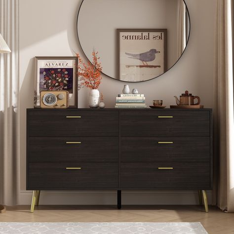 Upgrade your bedroom décor with the FUFU&GAGA Modern Double 6-Drawer Dresser. This dresser features a timeless design with sleek lines and a neutral finish that effortlessly complements any modern décor. Black Dresser Decor, Brown Dresser, Black Dressers, Six Drawer Dresser, Double Dresser, 6 Drawer Dresser, Dresser Decor, Dressers And Chests, Drawer Dresser