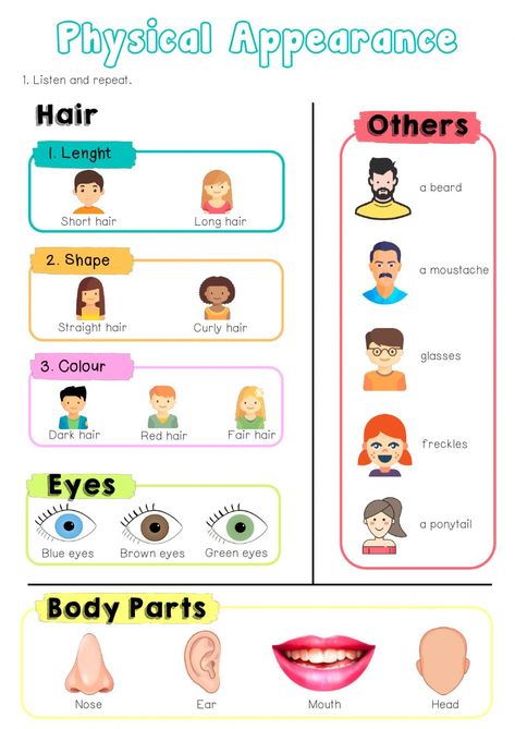 Appearance Description, Descriptions Of People, Describing People, Short Hair With Beard, Hair Fair, Listening Test, Physical Appearance, Flashcards For Kids, Parts Of The Body