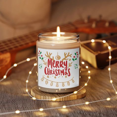 Merry candle for a cozy holiday 🙂 Candle Sticker Design, Christmas Candles Aesthetic, Celebrate Yule, Yule Gift, Glass Jar With Lid, Christmas Scented Candles, Candles Ideas, Candle Stickers, Christmas Shoot