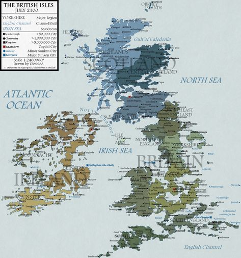 british_isles_in_2100_by_the9988-d583szc Map Of Britain, Sunken City, Imaginary Maps, Rpg Map, Sea Level Rise, Remote Sensing, Alternate History, Old Maps, Fantasy Map