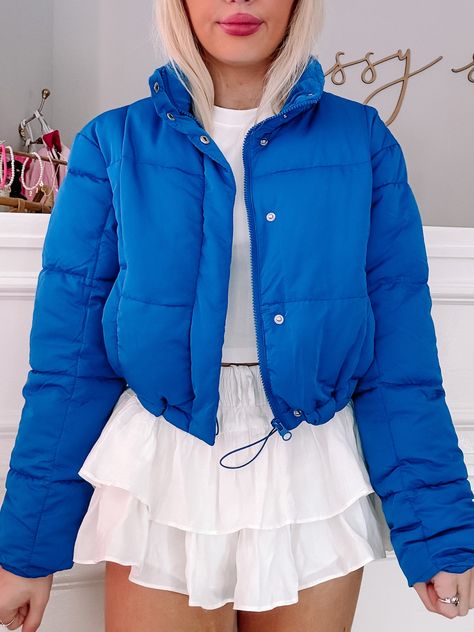 Candyland Blue Puffer Jacket | sassyshortcake.com | Sassy Shortcake Boutique Puffy Jacket Cropped, Sassy Shortcake, Preppy Jacket, Royal Blue Jacket, Cozy Style, Cold Weather Fashion, Puffy Jacket, Cozy Fashion, Blue Jacket