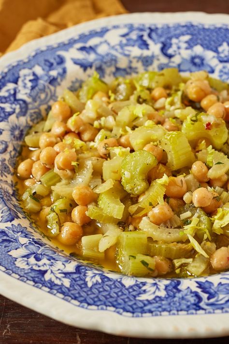 This Italian-inspired recipe for braised chickpeas and celery from chef Anna Tobias highlights the wonderful fragrance of celery. The dish takes a vegetable so often used for nothing more than a soffritto and pushes the under-appreciated stalks into the limelight. Take a look at Anna's other recipes that put celery centre stage here. Celery Stew Recipes, Sauteed Celery Recipes, Vegan Celery Recipes, Celery And Peppers Recipes, Celery Seed Recipes, Celery Uses, Celery Recipes Dinners, Celery Recipes Healthy, Celery Ideas