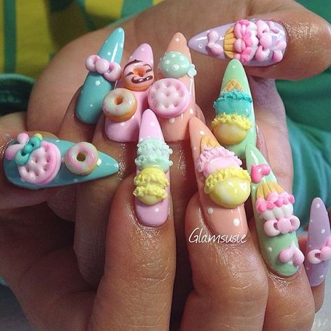 Nails Bedazzled, Love Quotes For Instagram, Easter Nail Ideas, Food Nail Art, Ice Cream Nails, Printing Stickers, Kawaii Nail Art, Food Nails, Crazy Nail Art