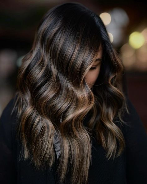 Black Hair with Light Caramel Highlights Medium Balayage Hair, Balayage Straight Hair, Balayage Hair Caramel, Balayage Ideas, Black Hair Balayage, Dark Brunette Hair, Bronde Balayage, Black Hair With Highlights, Caramel Balayage