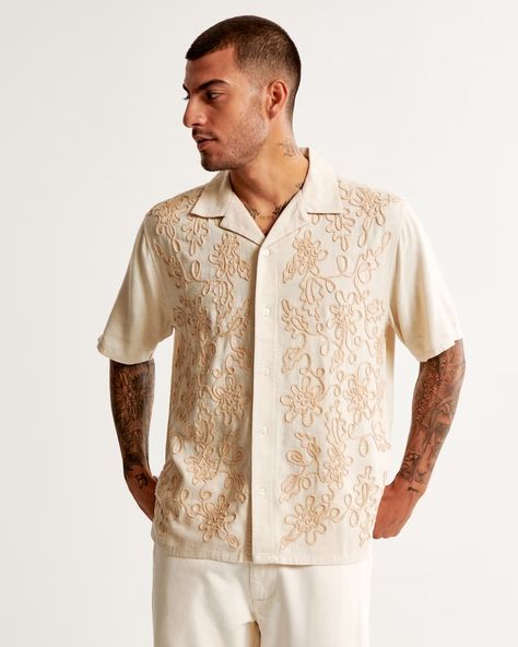 Men's Camp Collar Summer Linen-Blend Embroidered Shirt | Men's Tops | Abercrombie.com Men Embroidery Shirts, Modern Barong, Embroidery Shirt Men, Cord Embroidery, Men Embroidery, Embroidery Shirts, Cross Embroidery, Mens Printed Shirts, Fashion Boy