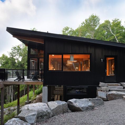 Design Duo Colin And Justin Take You On Some Great Canadian Cottage Escapes - Storeys Black Cabin, Long House, Cottage Life, Shed Roof, Cabin In The Woods, Modern Cabin, Cabin Design, Cottage Design, Mountain Home