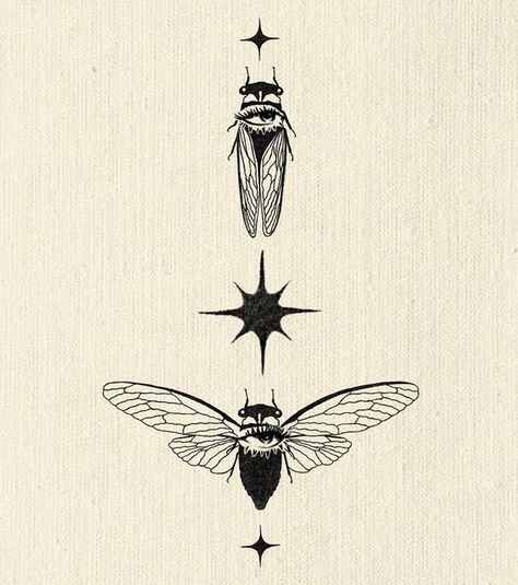 Insect Neck Tattoo, Cicada Tattoo Color, Bug Spine Tattoos, Cicadas Tattoo, Bug Back Tattoo, Simple Cicada Tattoo, Cool Bug Tattoos, Western Gothic Tattoo, Solarpunk Tattoo