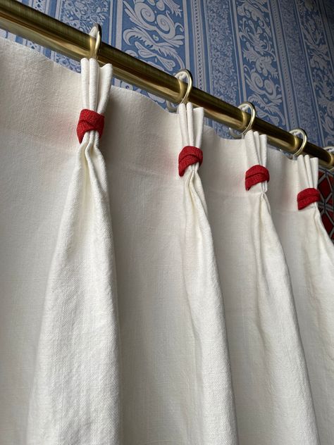 White Curtains With Trim, Curtain Trim Ideas, Red And White Curtains, Patterned Drapes, Bright Colored Furniture, Sewing Curtains, Art Deco Curtains, Drapery Treatments, Red Shower Curtains