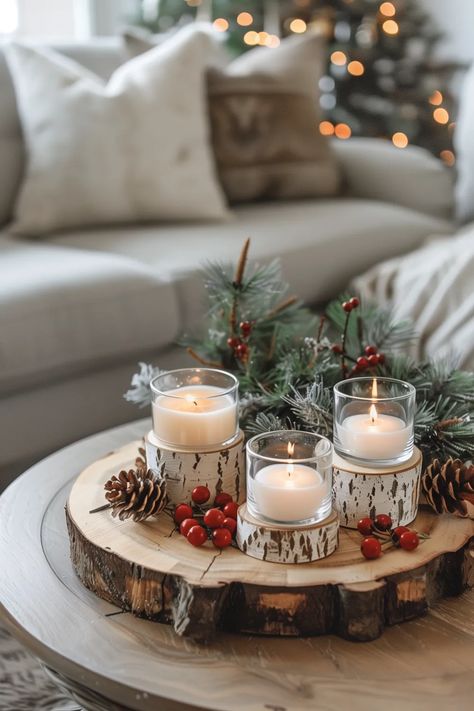 How To Decorate A Small Living Room For Christmas (20 Ways) Christmas Wood Table Decor, Christmas Decor Ideas Summer, Simple Christmas Decor Outdoor, Summer Christmas Decor Ideas, Xmas Table Centrepiece Ideas, Oak Dining Table Decor, Christmas Decor Dining Room Table, Christmas Table Ideas Centerpieces, Simple Christmas Coffee Table Decor