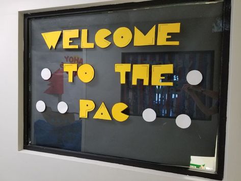 Pacman Theme Classroom, Pac Man Bulletin Board Ideas, Pac Man Classroom Theme, Pac Man Decorations, Classroom Window Ideas, 80s Classroom, Mario Classroom, Cafeteria Decorations, Ra Decorations