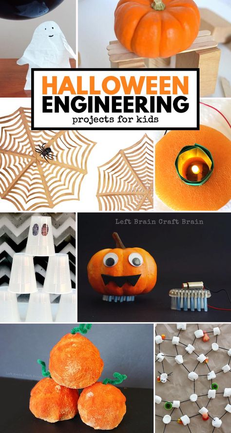 Pumpkins, ghosts, & spiders, oh my! Make your fall educational & fun with these Halloween Engineering Projects for Kids. STEM activities get fun & festive! Engineering Projects For Kids, Halloween Stem Challenge, Kids Crafts Toddlers, Halloween Science Activities, Fall Stem Activities, Crafts Toddlers, Halloween Stem Activities, Kids Stem Activities, Halloween Lesson