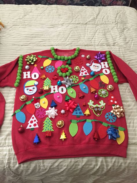 DIY homemade ugly sweater under $10 Ugly Christmas Sweater Ideas For Work, Crazy Sweater Ideas For Kids, Easy Ugly Christmas Sweater Diy Kids, Easy Ugly Sweater Ideas Diy, Diy Ugly Sweater Ideas For Kids Easy, Diy Kids Ugly Sweater, Ugly Sweater Ideas For Kids Boys, Diy Ugly Xmas Sweater Kids, Homemade Ugly Sweater Ideas